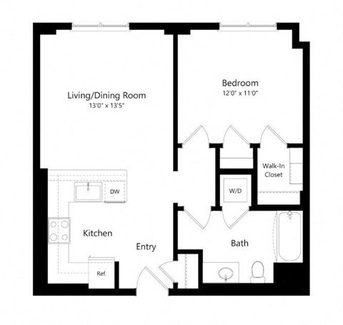 Floor plan for 1 bed, 1 bath, 692 sqft